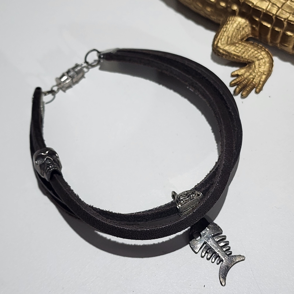 Silver Fish Charm Black Leather Bracelet